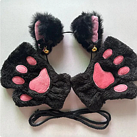 Перчатки без пальцев лапы кошки, митенки кошачьи лапки, набор ушки и перчатки лапы