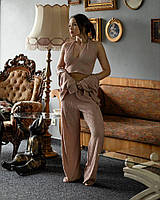 Бежевий жіночий костюм - трійка (сорочка+топ+штани) жатка