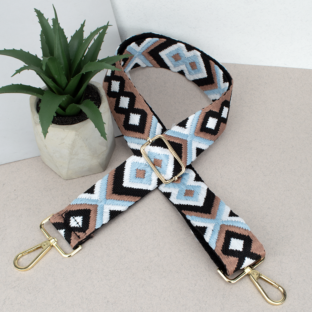 Ремінь для сумки текстильний 38 мм 9357 gold з карабінами чорно-блакитний