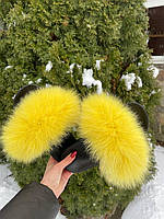 Женские летние тапки с мехом 36 размер желтые, женские шлепанцы с натуральным мехом песца уличные тапки