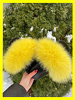 Женские летние тапки с мехом 38 размер желтые, женские шлепанцы с натуральным мехом песца уличные тапки