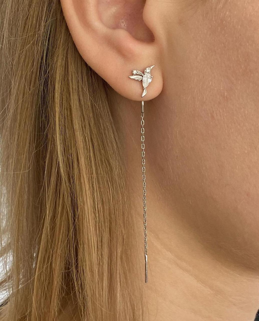 Срібні сережки протяжки Птишки, родій 1331.30р, фото 1