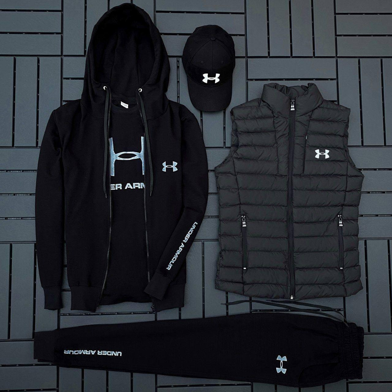 Чоловічий спортивний костюм Under Armour + Жилетка + Футболка + Кепка чорний весняний Андер Армор