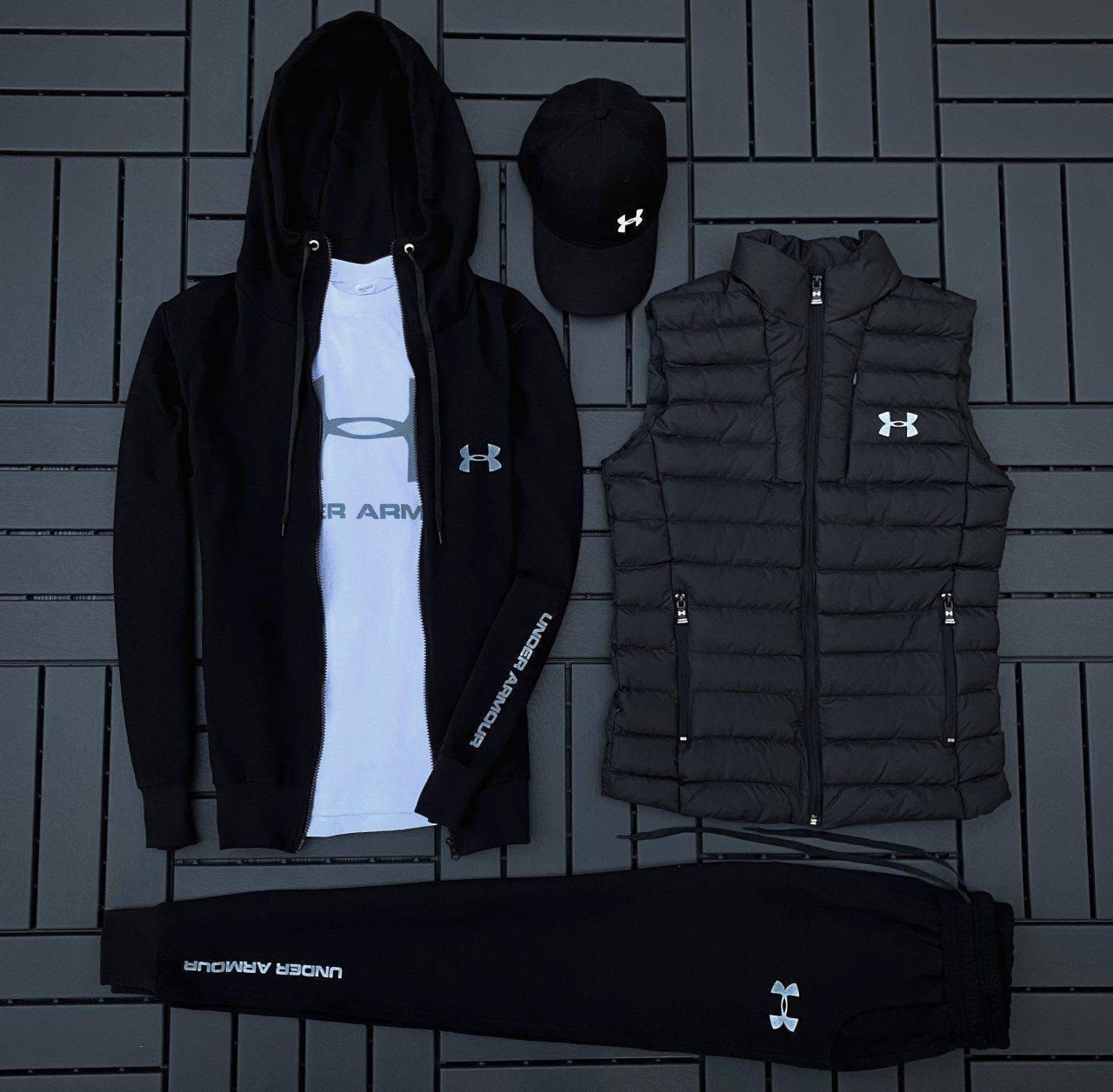 Чоловічий спортивний костюм Under Armour + Жилетка + Футболка + Кепка чорний весняний Андер Армор
