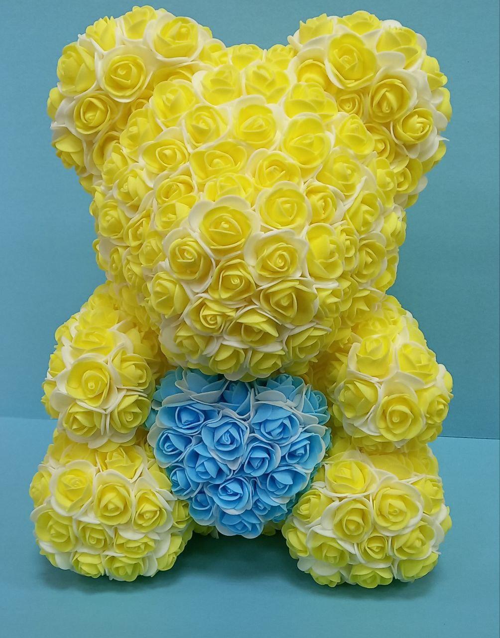 Ведмедик із 3D троянд Біло-жовтий 40 см із серцем iTrendy + подарункове паковання