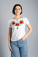 Повседневная вышитая футболка для девушки в белом цвете «Маковый цвет» S