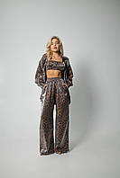 Женский леопардовый пижамный костюм (брюки+рубашка+топ) из полированного штапеля