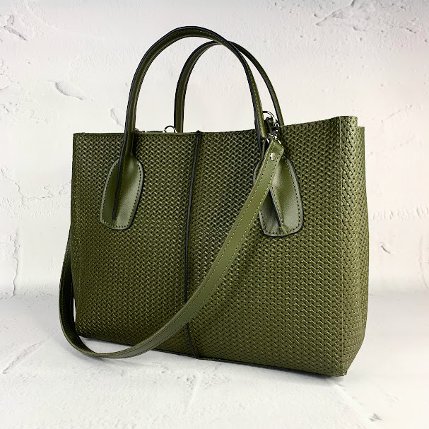 Сумка жіноча "ФОРТА" натуральна шкіра, хакі матова з тисненням плетінка, фото 1