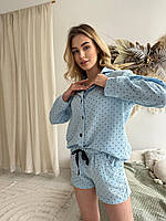 Жіноча Муслінова піжама з шортами, чорний горошок на блакитному