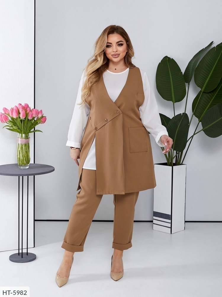 Костюм трійка брючний жіночий діловий класичний стильний блуза, жилет укорочені штани великих розмірів