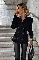 Женский удлиненный классический,деловой,стильный оверсайз пиджак на пуговицах,со шнуровкой на талии