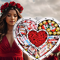 Сладкий подарок сердце любимой девушке на 8 марта с конфетами и розами, Цветочная коробочка сердце xxx