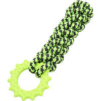 Игрушка для собак канатная Крученный жгут с резиновым кольцом для жевания, зеленый 24см
