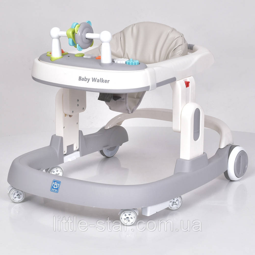 Дитячі ходунки штовхач Bamby М 5032, ігрова панель, музика, світло, стопор, безшумні колеса, сірий