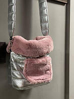 Сумка-переноска для собак на плечо MARALIS зимняя, с наружным карманом, серебрянная с розовым мехом