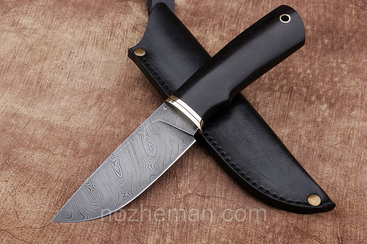 Ніж для полювання ручної роботи Боров 5, нескладний ніж із дамаської сталі, зі шкіряним чохлом у комплекті, фото 1