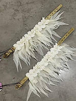 Ошейник для собак ЭКО кожа,украшен кружевными цветами и шифоновыми перьями на свадьбу,белый 1,3*30см
