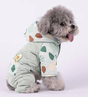Зимний комбинезон для собак с капюшоном принт авокадо на шелковой подкладке зеленого цвета