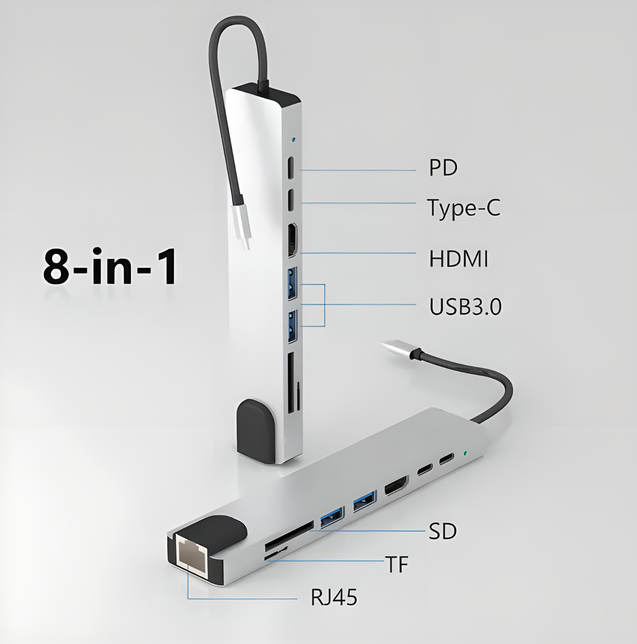 Багатофункціональний адаптер Хаб для ноутбука 8-в-1 Type C + USB HUB to HDMI/HDTV + PD + USB C + SD + TF + RJ45