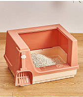 Туалетный лоток для котов с высокими бортиками под песок, селикагель, тофу с лопаткой, розовый
