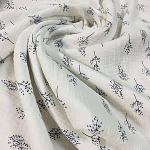 Тканина муслін жатий двошаровий, гілочки чорні на білому (шир. 1,35м) (MS-JAT-2-0079)