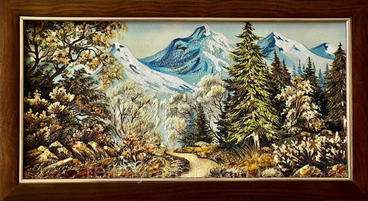 Картина пейзаж з бурштину "Гірський пейзаж" 30*60 см, фото 1