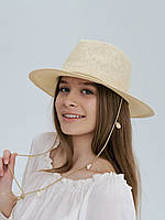 Шляпа федора женская летняя D.Hats светла бежевая c ракушками