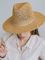 Летняя шляпа федора D.Hats коричневая с цепью и жемчужинами