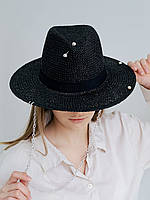 Шляпа женская федора чёрная летняя с широкими полями с серебрянной цепью