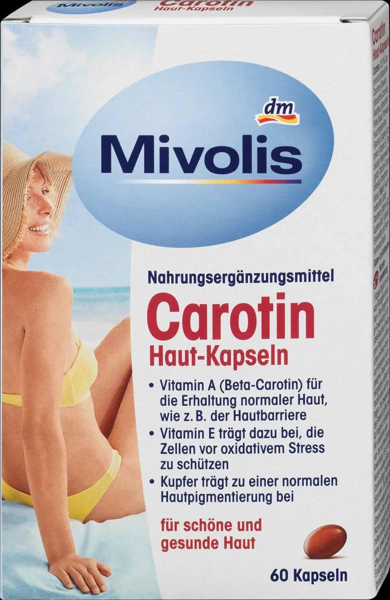 Капсули "Каротин + Біотин + мідь + Е + В2 + В5 + провітамін А для здорової, красивої шкіри від "Mivolis", Німеччина, 60 шт.
