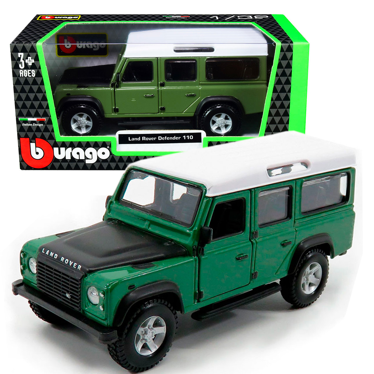 Машинка металева Land Rover Defender 110 Burago 1:32 Джип Ленд Ровер зелений 13*6*5 см (18-43029)