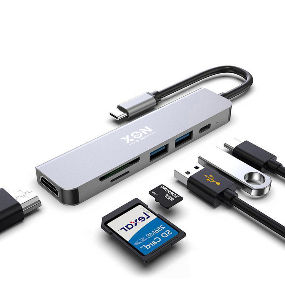 USB-хаб XON SmartHub 6 в 1 HDMI SD/TF Type-C 2xUSB3.0 Сірий (UHCHP063300G 5153)