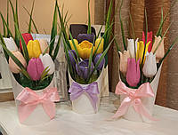 Набор из 3-х букетов крокусы тюльпаны из мыла ручной работы. Оригинальный подарок