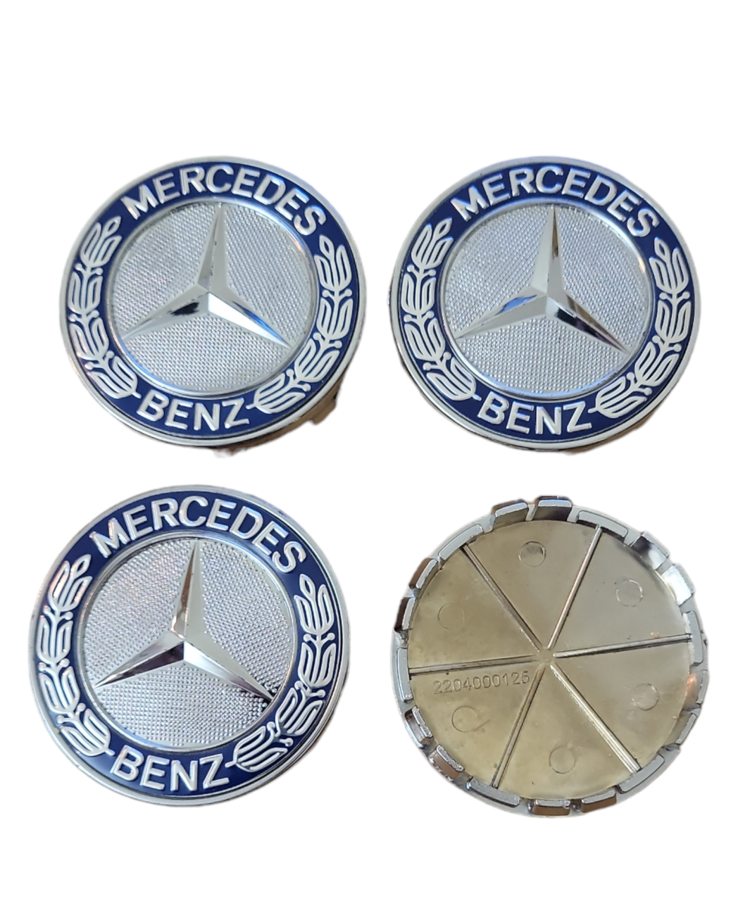 Ковпачки, заглушки на диски Mercedes-Benz 75 мм / 72 мм 220 400 01 25 хром із синім ободом (хром із синім 68х65)