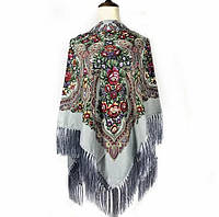 Праздничный Украинский платок на пасху (120*120). Натуральный народный платок с роскошными цветами Сірий