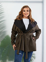 Замшеве пальто кардиган коротке жіноче Напівбатал 46 48 50 52 з коміром Різні кольори На поясі ціна гуртом Темно-сірий