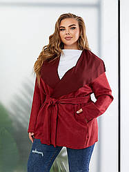 Замшеве пальто кардиган коротке жіноче Напівбатал 46 48 50 52 з коміром Різні кольори На поясі ціна гуртом Червоний