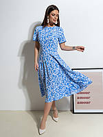 Голубое приталенное платье с принтом, размер S
