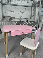 Детский столик и стульчик для детей 1 группы роста розового цвета, Столик с выдвижным ящиком для хранения