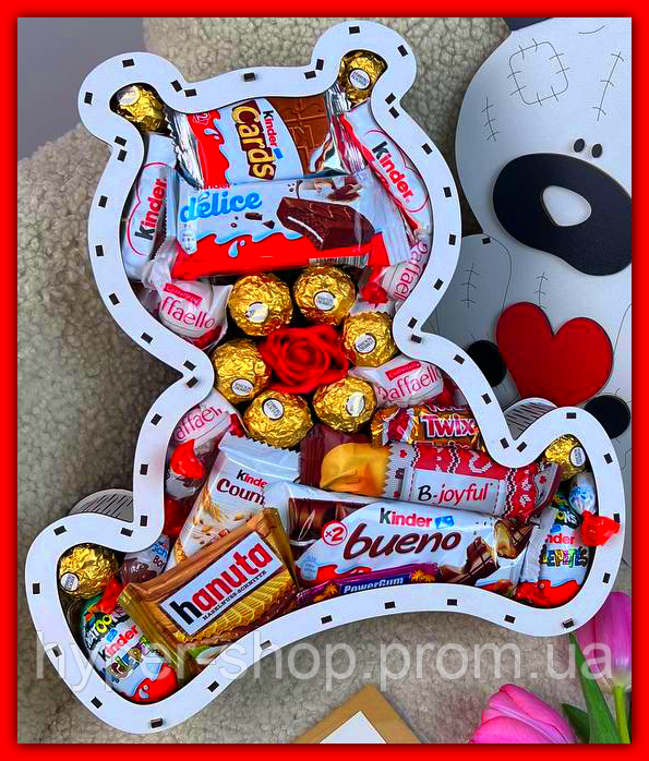 Подарочный бокс с киндер конфетами для девушки, подарочные наборы сладостей с цветами на праздник для детей - фото 1 - id-p2122533188
