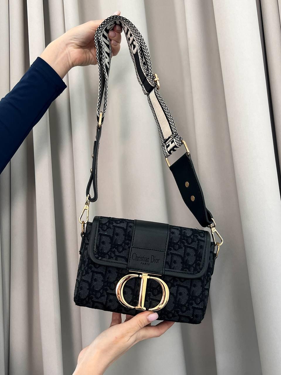 Жіноча сумка Cristian Dior Montaigne Dark Blue (Синя) Кроссбоді екошкіра текстиль 1 відділення на широкому ремені Діор