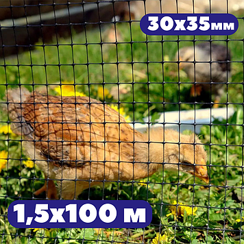 Сетка 30х35мм птичка 1,5х100 м вольерная чорна від кротів та для курника Клевер, огорожа дрібна пластикова