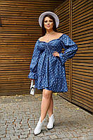 Женское синее короткое платье в горошек с регулирующимся декольте
