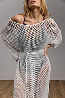 Туника-сетка женская удлиненная, Хлопковое платье-сетка с поясом, Вязанная легкая ажурная накидка Молочный