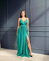 Вечірня шовкова зелена сукня довга з розрізом і відкритою спиною