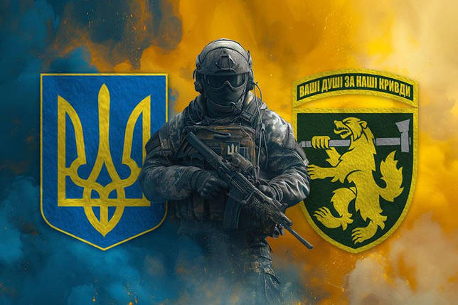 Прапор 68 ОЄБр імені Олекси Довбуша ЗСУ Воїн з гербом України та підрозділу, фото 1