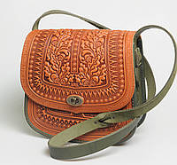Большая кожаная женская сумка ручной работы "Дубок", сумка через плечо рыжая с оливковым, сумка рыжего цвета