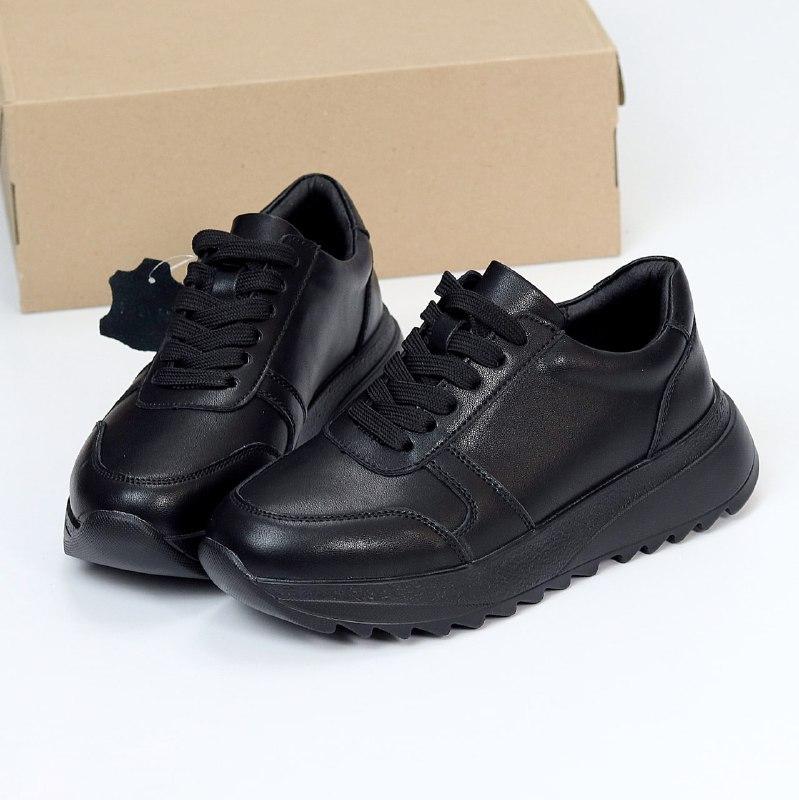 Жіночі шкіряні кросівки на широкій підошві модні чорні натуральна шкіра, фото 1