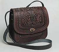 Большая кожаная женская сумка ручной работы "Дубок", бордовая сумка через плечо, сумка бордовая с черным