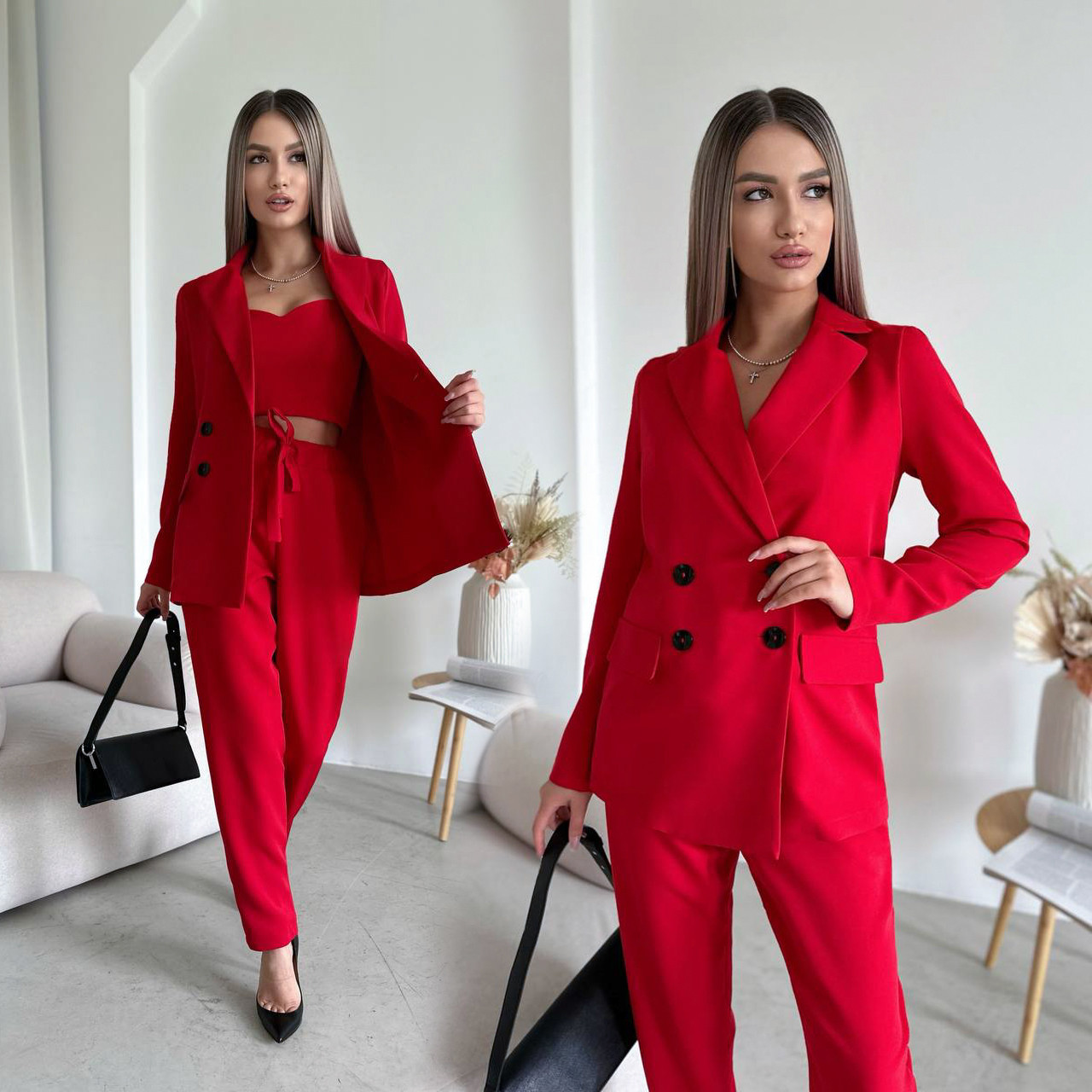 Стильний жіночий червоний брючний костюм: штани, піджак, топік, фото 1